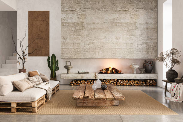 istock Wabi sabi style interior with rustic fireplace and white stucco walls. Wall mockup, 3d rendering 2160192335