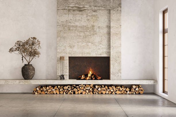 istock Wabi sabi style interior with rustic fireplace and white stucco walls. Wall mockup, 3d rendering 2160192346