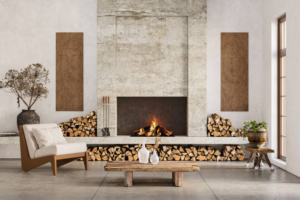 istock Wabi sabi style interior with rustic fireplace and white stucco walls. Wall mockup, 3d rendering 2160192348