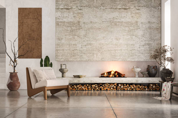 istock Wabi sabi style interior with rustic fireplace and white stucco walls. Wall mockup, 3d rendering 2160192368