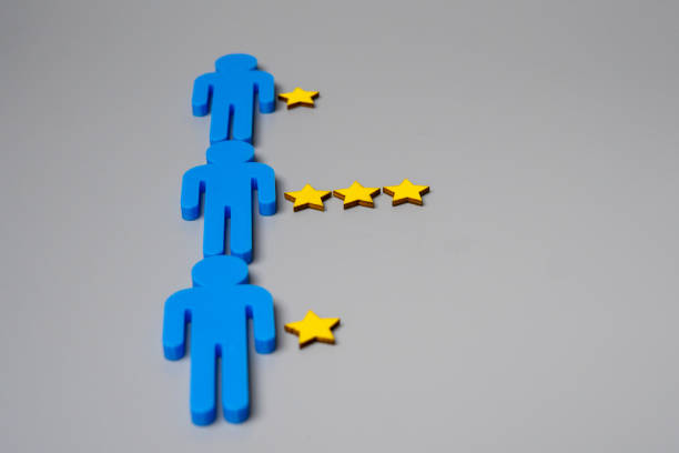 Human figure and yellow stars with copy space. Performance appraisal, rating and feedback concept.