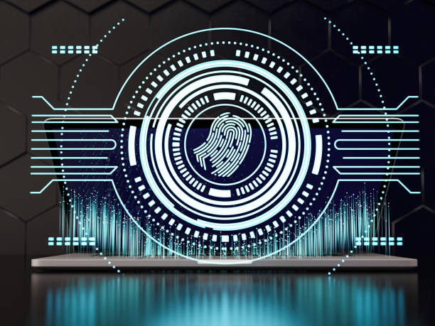 istock Laptop Computer with Creative Fingerprint Hologram 2160196523