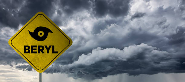 istock Hurricane Beryl banner with storm clouds background. Hurricane alert. 2160198298