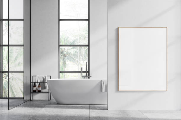 istock Hotel bathroom interior with bathtub and panoramic window. Mockup frame 2160198957