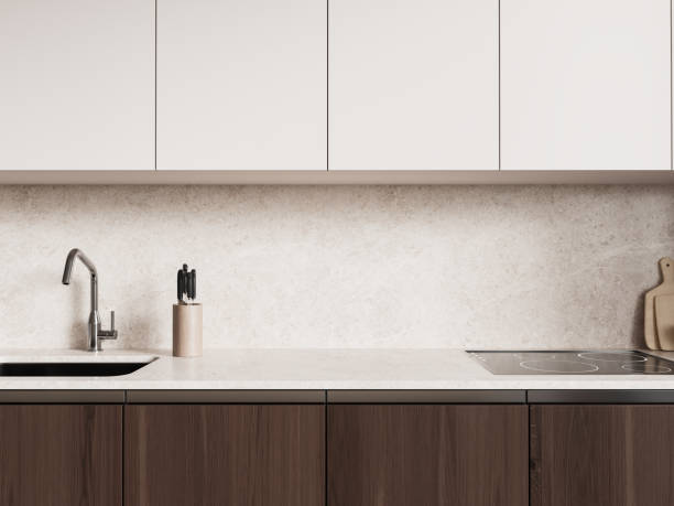 istock Minimalist kitchen interior with washbasin and stove, shelves and kitchenware 2160199222