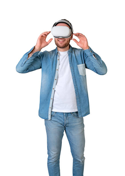 istock Excited man standing in vr glasses, isolated over white background 2160199477