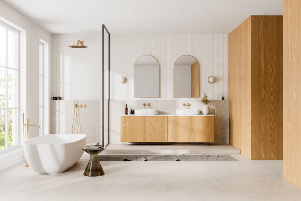 istock Luxury hotel bathroom interior with tub, double sink and shower, window 2160199645