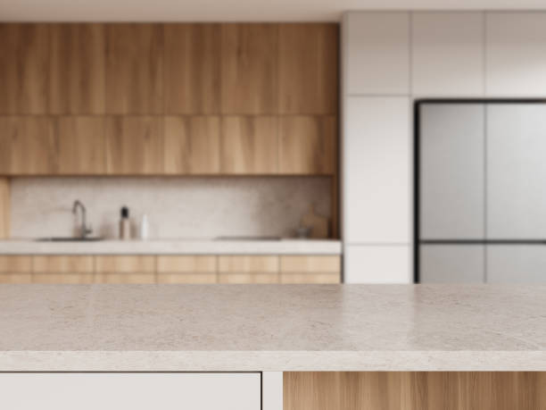 istock Mockup stone countertop on background of kitchen interior cooking cabinet 2160200225