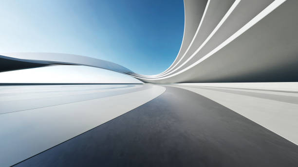 rendering 3d dell'architettura futuristica della struttura astratta con pavimento in calcestruzzo vuoto - caratteristica architettonica immagine foto e immagini stock