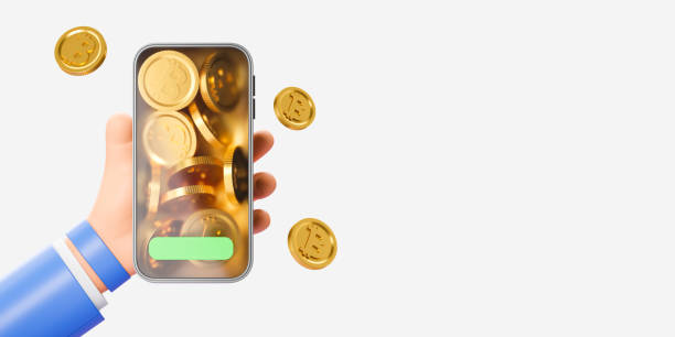 istock Cartoon hand with phone, bitcoin and cryptocurrency. Copy space 2160201510