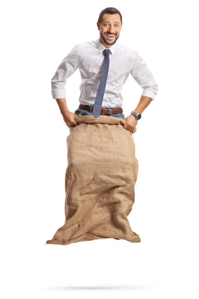 istock Businessman jumping in a sack playing gunny race 2160201524