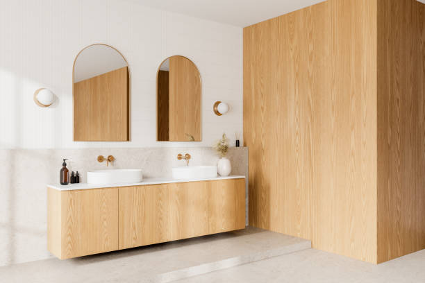 istock Luxury home bathroom interior with double sink and mirrors, wooden design 2160201712