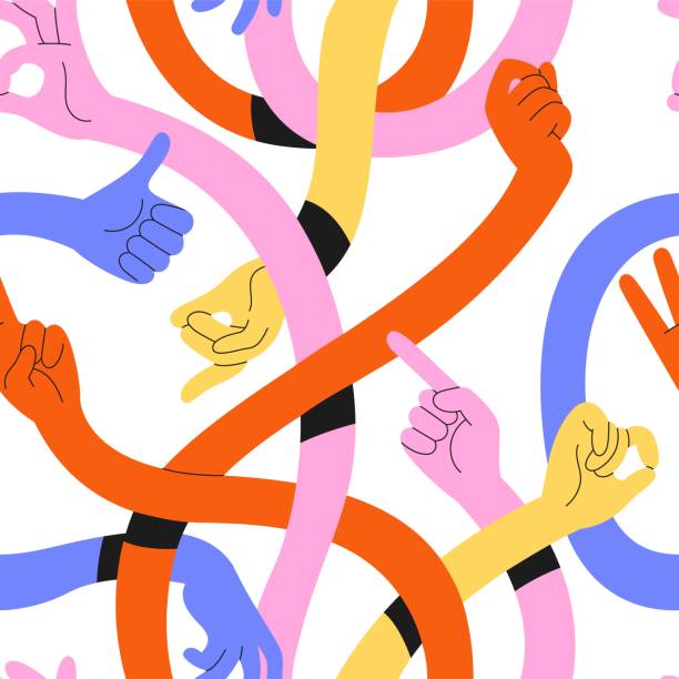 Long hands seamless pattern. Funny multicolor human arms, repeated curved intertwining limbs, different gestures, contemporary fabric print. Wrapping, wallpaper design tidy vector background Long hands seamless pattern. Funny multicolor human arms, repeated curved intertwining limbs, different gestures, contemporary fabric print. Textile, wrapping, wallpaper design tidy vector background person stretching stock illustrations