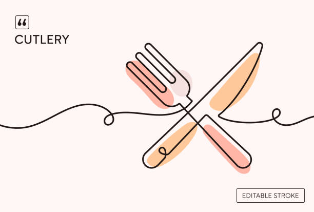 ilustraciones, imágenes clip art, dibujos animados e iconos de stock de ilustración de línea continua de cubiertos - comida del mediodía