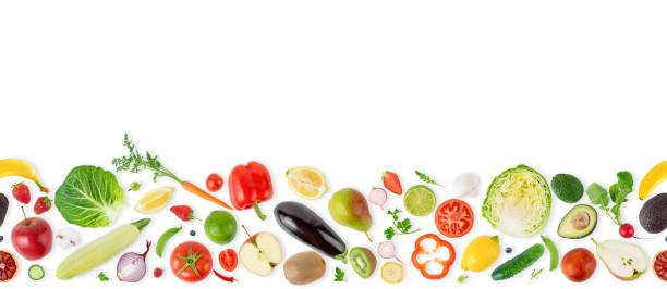 istock Seamless pattern border with fruits, vegetables and berries. 2160208022