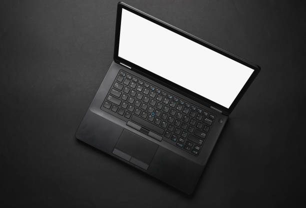 istock Black laptop or ultrabook with a white blank screen on a black background. Mockup for your design 2160208359