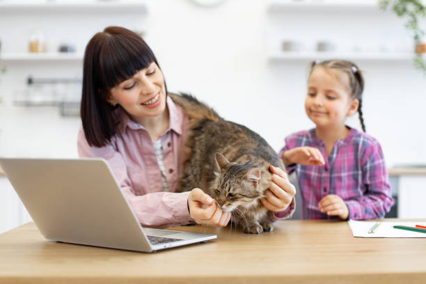 istock Mother and daughter with cat working from home 2160209074