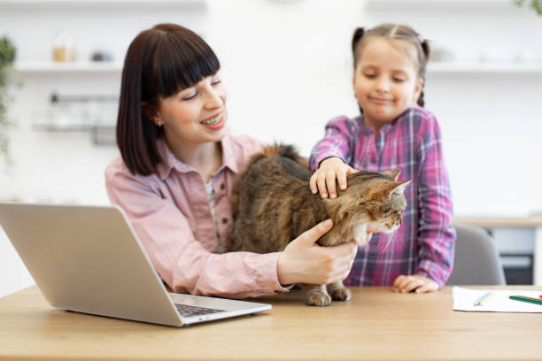 istock Mother and daughter with cat working remotely at home 2160209081