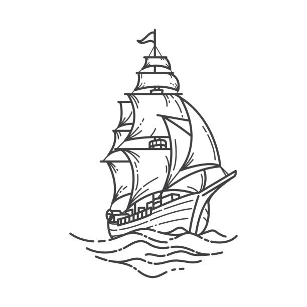 Line art illustration of sailing ship at sea isolated white background