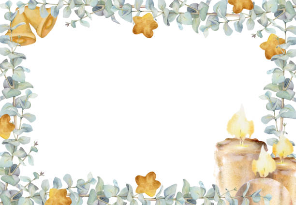 istock Candle, eucalyptus laurel branches leaves, gold star baubles. Watercolor hand drawn illustration, border frame isolated on white. Xmas, happy new year festive noel navidad. Cards, gifts, florist shop. 2160211255