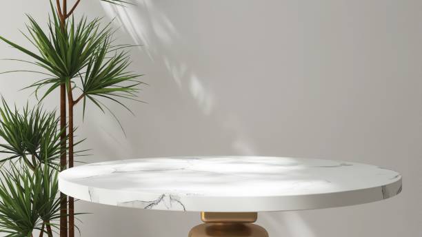 istock Round white marble pedestal table podium, green tree in dapple sunlight, shadow on white wall 2160213603