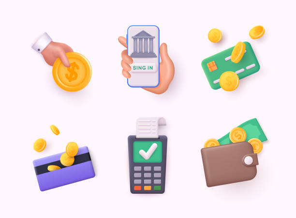 illustrations, cliparts, dessins animés et icônes de banque, finance 3d rendre un ensemble d’icônes vectorielles réalistes. main avec une pièce de monnaie, banque en ligne, carte de crédit, portefeuille avec icône de pièces. illustrations vectorielles web 3d. - image stéréoscopique