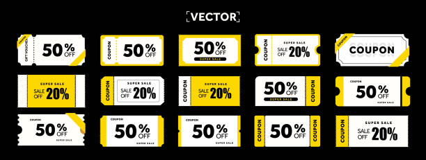 ilustrații de stoc cu set special de șabloane de cupoane cu cod promoțional, procent de reducere. set de pictograme galbene pentru voucher, izolat pe fundal întunecat. set de coduri de cupon. ilustrare vectorială. - cupon