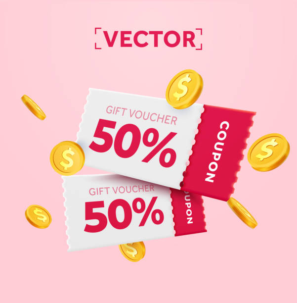 ilustrații de stoc cu 3d cuplu de cupoane roz cu cod promoțional, monede de aur. cadou special cu cupoane sau vouchere, reducere procentuală. voucher cadou și șablon de semn de monedă de aur. ilustrație vectorială 3d - cupon