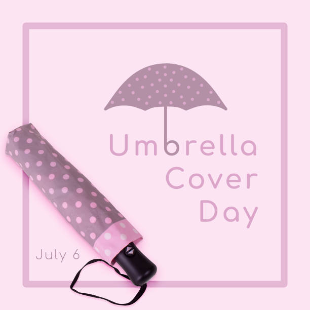 Umbrella Cover Day Poster. Banner with folded dotted pink umbrella on pink background