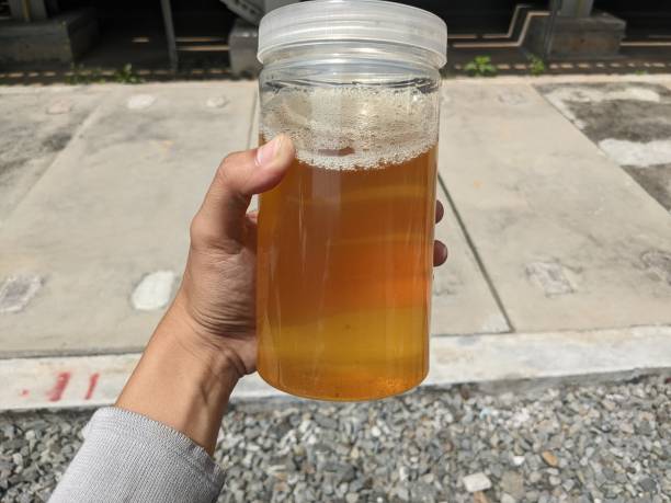 istock Hand holding a jar of industry oil sample 2160224109