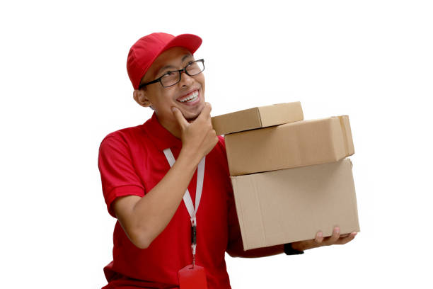 istock Asian Delivery Man with Cardboard Box Parcel 2160224332