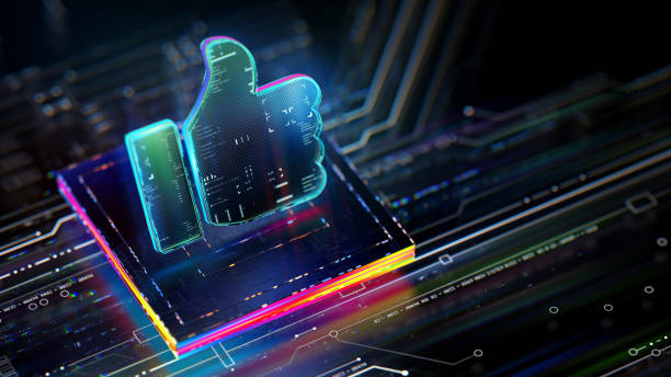 istock Digital like icon on future tech background. Productivity and rating evolution. Futuristic thumbs up icon in world of technological progress and innovation. CGI 3D render 2160225650