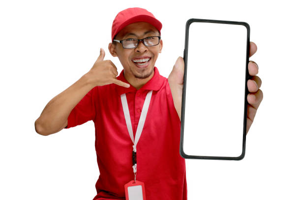 istock Asian Delivery Man Showing Phone with 'Call Me' Gesture 2160225660