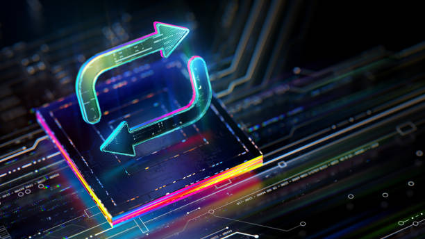 istock Refresh sign concept. Refresh icon and CPU on futuristic background 2160225717