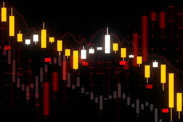 Abstract financial chart with uptrend line graph and candlestick on a dark red background, concept of stock market investment. 3D Rendering