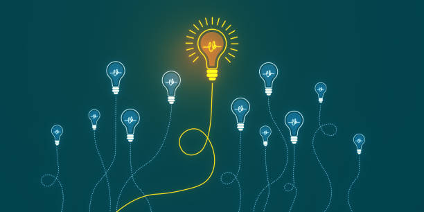 istock Multiple lightbulbs connected by lines with one illuminated, symbolizing a standout idea or solution, against a dark teal background. 3D Rendering 2160228513