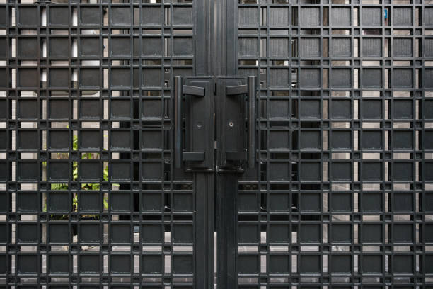 Close-up on a black metal gate with double handles.