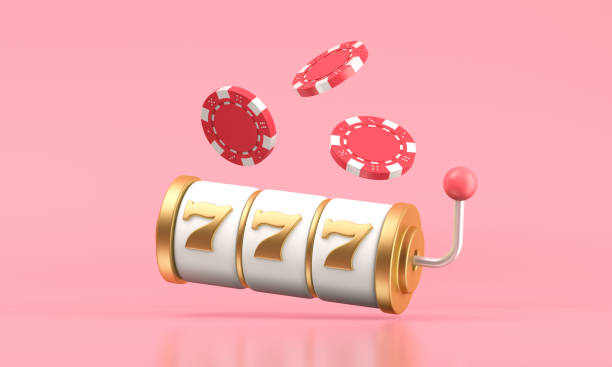Casino jackpot 777 on pink background. White and golden slot machine with flying chips. Concept of win. 3d illustration.