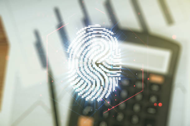 istock Double exposure of virtual creative fingerprint hologram on calculator and papers background, protection of personal information concept 2160232418