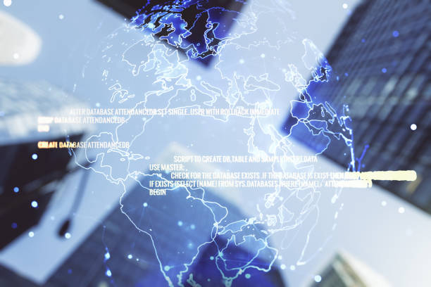 Multi exposure of abstract creative coding sketch and world map on office buildings background, artificial intelligence and neural networks concept
