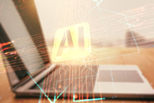 istock Double exposure of creative artificial Intelligence icon with modern laptop on background. Neural networks and machine learning concept 2160232530