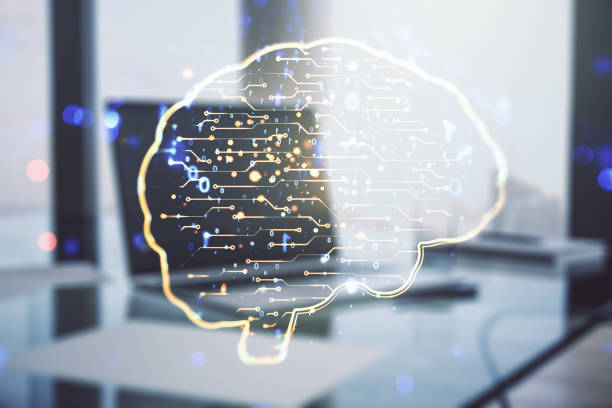 istock Double exposure of creative artificial Intelligence symbol with modern laptop on background. Neural networks and machine learning concept 2160232531