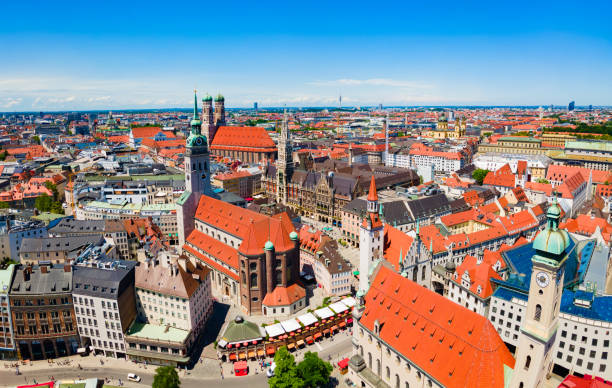 istock Marienplatz aerial panoramic view in Munich city, Germany 2160233752