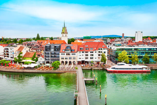 View from the water to Lindau with church towers at lake Bodensee Constance, Germany during 2000s