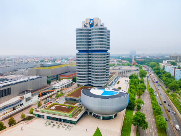 Munich, Germany - July 08, 2021: BMW Museum aerial panoramic view, it is an automobile museum of BMW history located near the Olympiapark in Munich, Germany