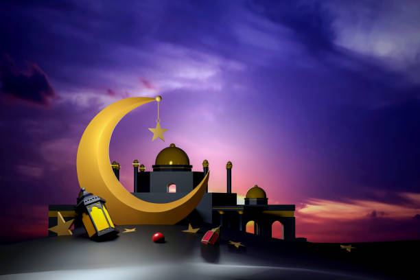istock Ramadan Crescent Moon and Mosque at Sunset. 3D Illustration 2160239327