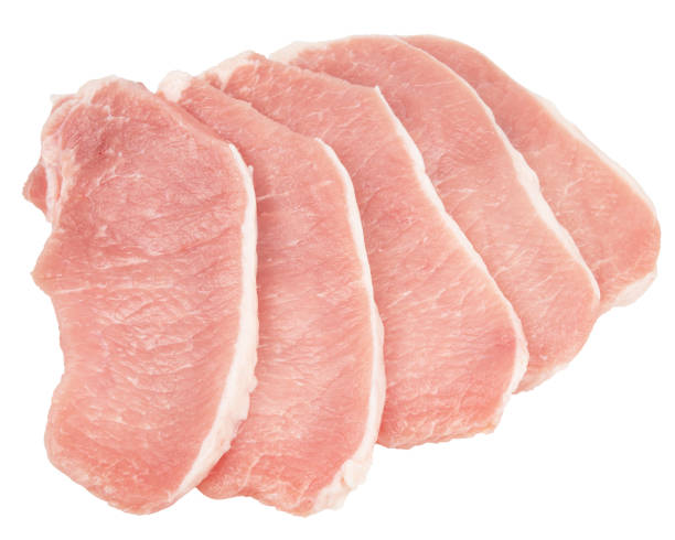 istock Raw pork pieces isolated on a white background. Top view. 2160239794