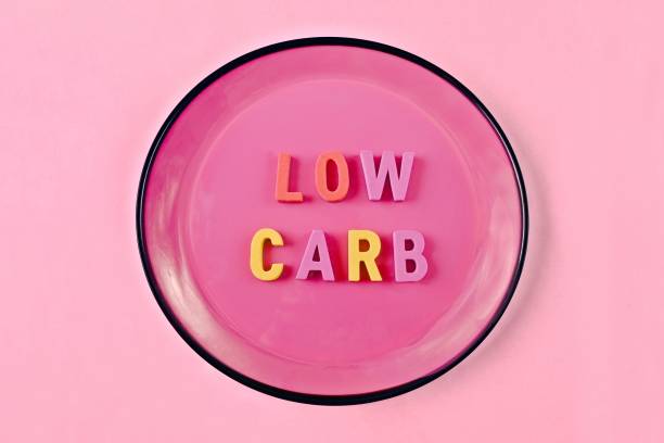 Low carb lettering on a pink plate. Nutritional concept.