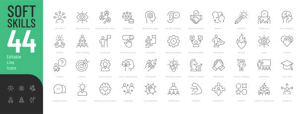 Soft Skills Line Editable Icons set. Vector illustration in modern thin line style of personal qualities related icons: empathy, enthusiasm, confidence, and more. Pictograms and infographics for mobile apps curiosity stock illustrations