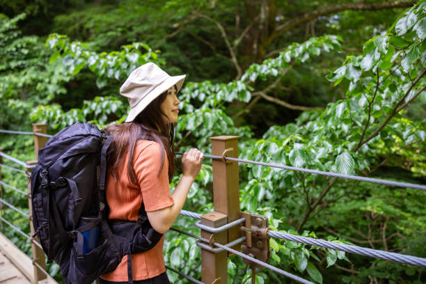 istock Female hiker looking at view from suspension bridge on mountain trail 2160244736